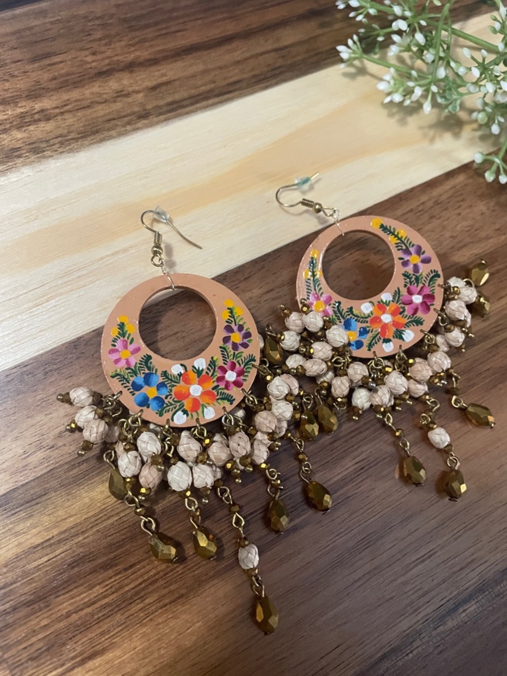 Hand-Painted Peach Floral Hoop Dangle Earrings with Bead Fringe